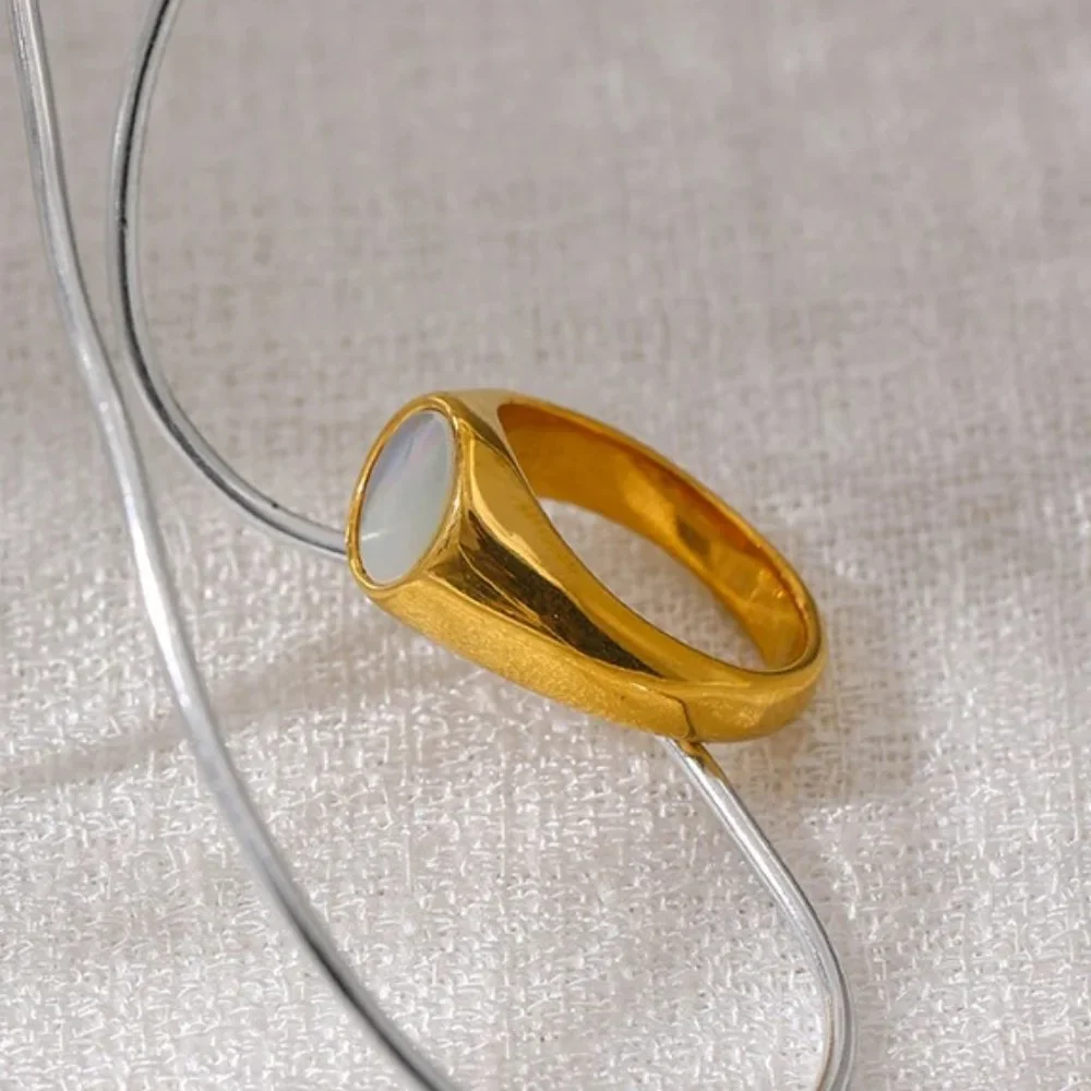 New 18K Gold Plated Mother Of Pearl Signet Ring